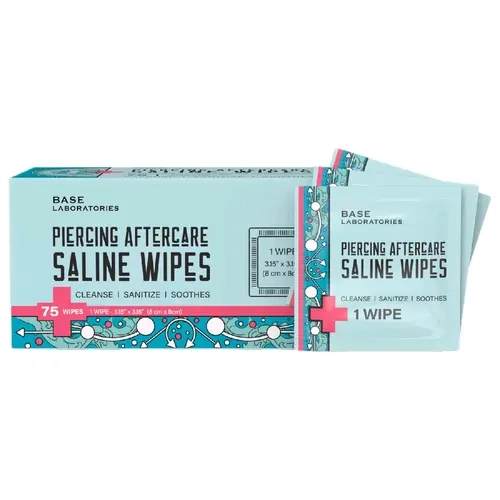 Base Laboratories Saline-Based Piercing Aftercare Wipes - 75 Individually Wrapped, Travel-Friendly Wipes for Daily Use on Body Piercings (Nose, Ear, Belly), Cleanses, Sanitizes, Treats Keloid & Piercing Bumps