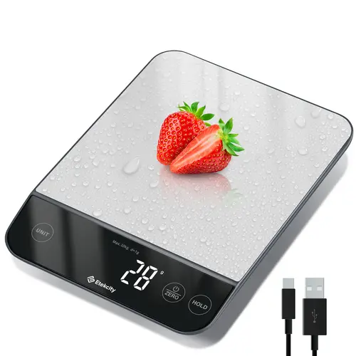 Etekcity Sturdy Smart Food Scale - Accurate Digital Weighing Scale with 22 lb Capacity, 0.05 oz/1g/2 g Precision, G/Oz Measurements, Tare & Hold Features, Waterproof Rechargeable 304 Stainless Steel, Wipe-Clean for Baking, Cooking