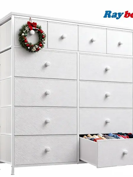 【Small Space】Raybee 12 White Tall Drawer Dresser for Bedroom, Large Fabric Storage Organizer with Thick Wood Top & Rigid Metal Frame for 50" TV, Heavy-Duty Chest of Drawers Closet Tower, Sleek Clothes Cabinet for Living Room, Entryway, Apartment, Dorm