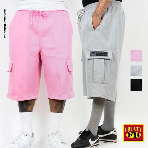 FB County Men's Heavyweight Cargo Shorts FBCOUNTY Plain Fleece Shorts 6 Pockets Loose Fit Casual Sweat Shorts Hip Hop Harem (S to 3XL)