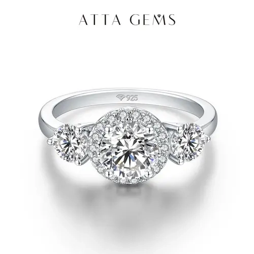 ATTAGEMS Women's 3-Stone D Color VVS1 Clarity Sparkling Round Moissanite Ring - High Setting, Colorful Stones, Elegant Band, Female Beautiful Rings, Modern Artificial Gemstone Jewelry, Luxury Anniversary Gift R027 summerwins
