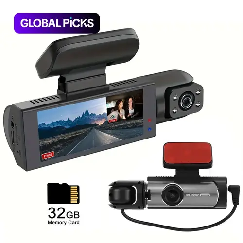 Front & Rear Dash Cam for Cars, Dual-Lens Car Dashboard Camera with 32GB Card, Wide-Angle Recording, IR Night Vision, HD 3.16-Inch IPS Screen Automotive Video Recorder (Plug-In Use) #GLOBAL PICKS