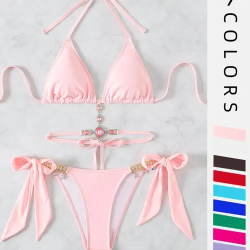Women's Halter Tie Back Triangle Bra & Ring Linked Panty Bikini Set, Sexy Trendy Summer Swimsuit Set, Ladies Swimwear Rave Outfits, Seductive Swimwear Set