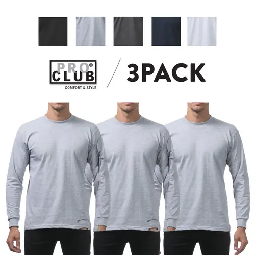 3 Pack PROCLUB Men's Heavyweight T Shirts PRO CLUB Long Sleeve T Shirt Casual Heavy Cotton Tee Plain Warm Long Tee Hip Hop Harem (S to 5XLT)
