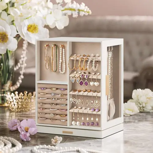 SONGMICS Durable 360-Degree Spinning Rectangular Decorative Jewelry Box Organizer, 5-Drawer Tabletop Storage with Glass Window, Open-Side Access, Compartmentalized Inserts, Ideal for Bedroom Jewelry Organization, Great Gift