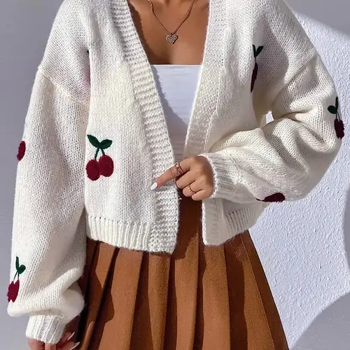 Women's Cute Chic Cherry Print Open Front Drop Shoulder, Fitted Design Top, Comfort Casual Knitted Longsleeves Knitwear Top for Fall, Women's Outerwear, Casual Outfit, Versatile Styling, Knit Sweater Tops, Casual Knitting Top