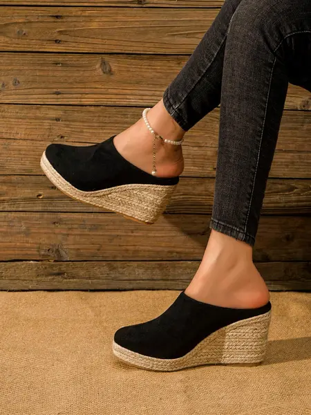 Women's 1 Pair Casual Solid Color Wedge Sandals, Fashionable Slip-On Espadrille Sole Flannel Wedge Sandals for Beach, Female Casual Shoes for Daily Use, Elevated Sandals, Fashionable Comfy Sandals