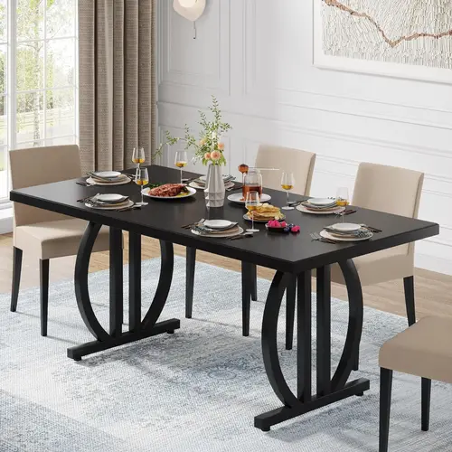 Tribesigns Dining Table for 4-6 People, 63 Inch Black Dining Room Table with Heavy Duty Metal Frame, Modern Industrial Rectangular Kitchen Table Dinner Table for Home Kitchen Furniture