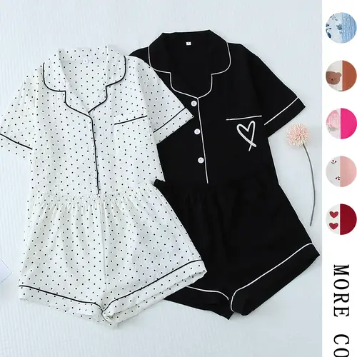 Women's All Over Print Woven Casual Loungewear Set, Nightwear, Contrast Binding Pocket Button Top & Elastic Shorts Pajama Set, Ladies Summer Pjs