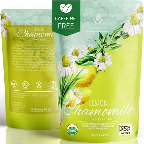 Gardenika Organic Loose Leaf Tea with Chamomile and Lemongrass – Caffeine Free Herbal Blend – Kosher, No Natural or Artificial Flavors – 4 oz Beverage
