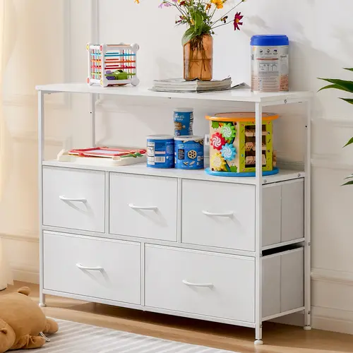 Sweetcrispy Sturdy Large Dresser TV Stand - 5 Fabric Drawers Wooden TV Console Table, Open Storage Shelf Entertainment Center, Indoor Apartment Furniture Organizer