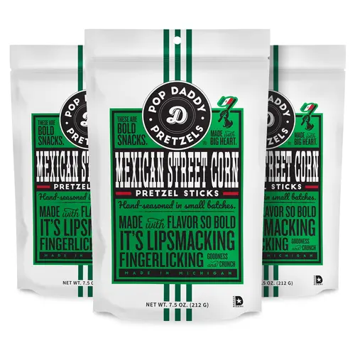 Pop Daddy Flavored Pretzels Sticks | Healthy Gourmet Pretzels Snacks | 7.5oz Individual Bags | 3 Pack | Mexican Street Corn