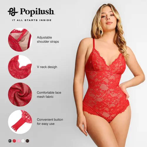 Popilush Ruched Tummy Control Lace Shapewear Bodysuit - Built-In Shapewear for Women, Fit Women's Clothes, Comfortable V-Neck Womenswear Top