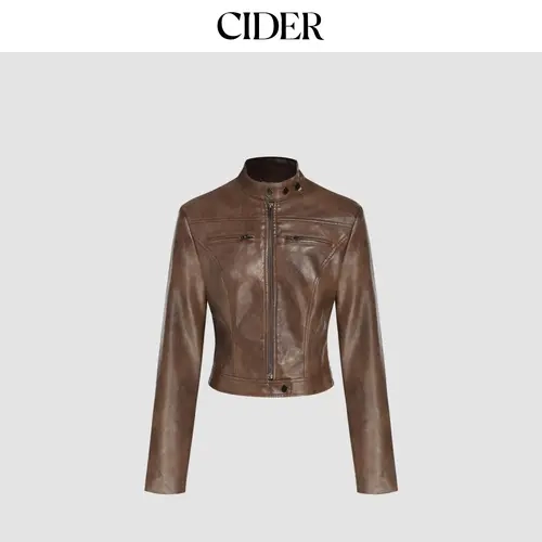 Cider Faux Leather Stand Collar Zipper Biker Jacket