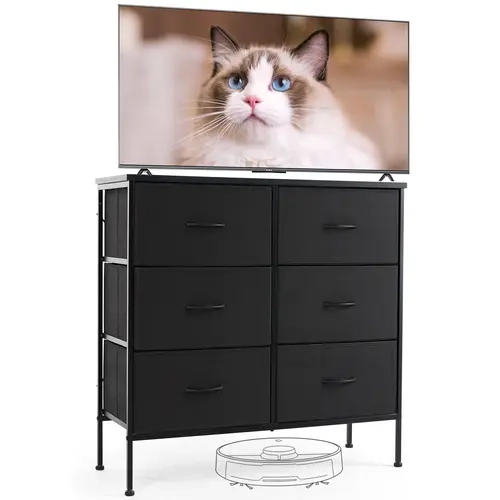 Sweetcrispy 6-Drawer Wooden Drawer Dresser Cabinet - Shoe Storage Cabinet with Sliding Door, Removable Shoe & Slipper Bins, Steel Frame, Wooden Top, Adjustable, Easy Assembly, Modern Home Decor, Fits 5in Bedroom Organizer