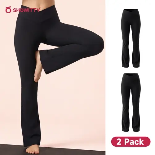 SHOWITTY Women's High Waisted 2 Pack Flare Leggings – Crossover Yoga Pants with Pockets Bootcut for Workout, Yoga & Casual Wear