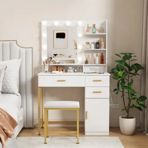 Lifewit Wooden Top Makeup Vanity Desk with Mirror Lights, Drawers, 3 Adjustable Brightness (31.5"/35.4"/38.6"W) - Kids Vanity for Storage & Makeup Organization, White and Gold Wife Gift