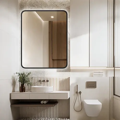 Sweetcrispy Farmhouse Rounded Rectangle Bathroom Mirror - Matte Black Aluminium Frame, Anti-Rust Tempered HD Float Glass, True Reflection, Indoor Vanity Wall Mirror for Bedroom, Living Room Fireplace, Horizontal-Vertical Hanging, 100% Refund/Replacement