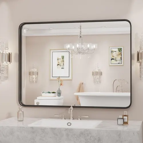 Sweetcrispy Farmhouse Rounded Rectangle Bathroom Mirror - Aluminum Alloy Frame Stays Sturdy, Anti-Rust HD Float Glass, Matte Brushed Look, True View, Drop-Tested Pack, Hangs Flat or Upright, Great Over-Sink Bathroom Use