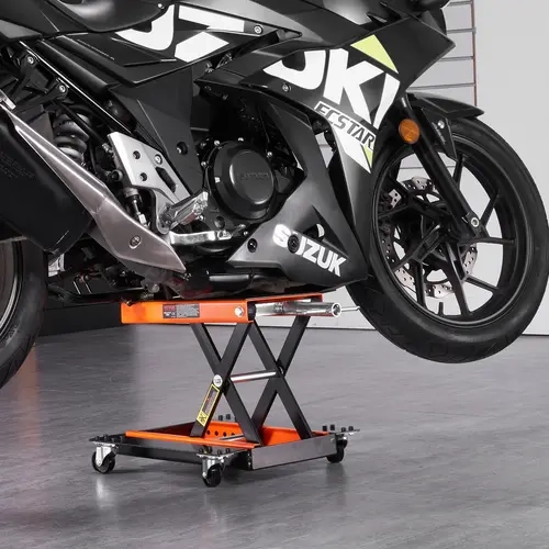 【toolupgrade】VEVOR 1100lb Cast Iron Steel Frame Motorcycle ATV Scissor Lift Jack, 4 Universal Casters, Dolly, Hand Crank Center Hoist, Wide Deck, Tool Tray Ready, Stable Stand for Safe Work, Fits Street Bikes, Cruisers, Touring, Vehicle, Flexible Movement
