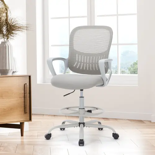 【Deal】Sweetcrispy Sturdy Ergonomic Office Chair - Adjustable Swivel Chair with Flip-Up Arms, Adjustable Foot-Ring, Supportive Sitting for Bar Height Standing Desks, WFH Setup
