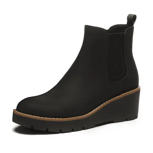 Athlefit Women's Chelsea Wedge Ankle Booties - 2-Inch Elastic Platform Lug Sole, Slip-On, Casual, Comfortable Heels, Heel Loop for Assisted Entry, PU Winter Footwear
