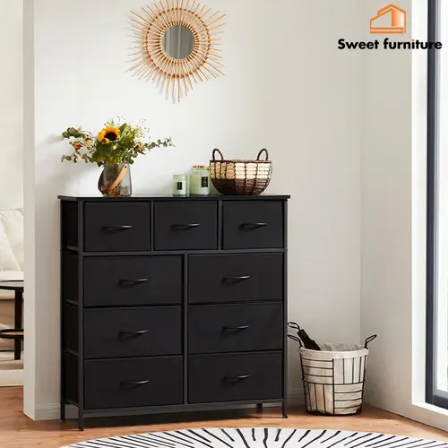 Sweet Furniture S Sturdy Modern Multifunctional Fabric Storage Cabinet with 9 Drawers, Sliding Door, Bins - Large Capacity Tall Chest Organizer for Bedroom Room Storage, Drawers for Bedroom