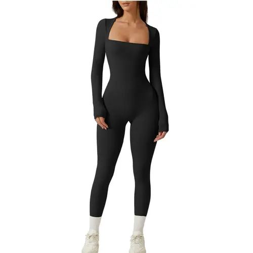 QINSEN Womens Sexy Square Neck Long Sleeve Full Length Leggings Bodycon Stretch Jumpsuit【Hot】