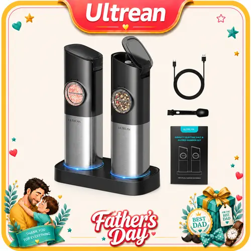 Ultrean Electric Salt & Pepper Grinder Sets, 2pcs Rechargeable, Adjustable, Modern Stainless Steel Construction, Seasoning Auto Dust Lids, LED one-hand operation Kitchen Utensils