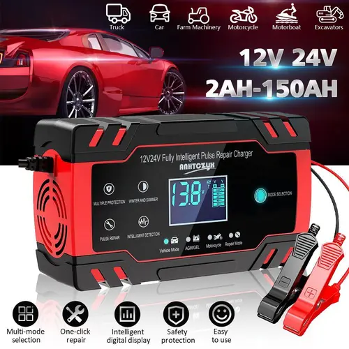 Automotive 12V-24V 8-Amp Smart Automatic Battery Charger with 3-Stage Charging, 100-240V AC Input, LCD Digital Interface, Pulse Repair Mode, Maintainer for Cars/Motorcycles, Lawn Mower Batteries