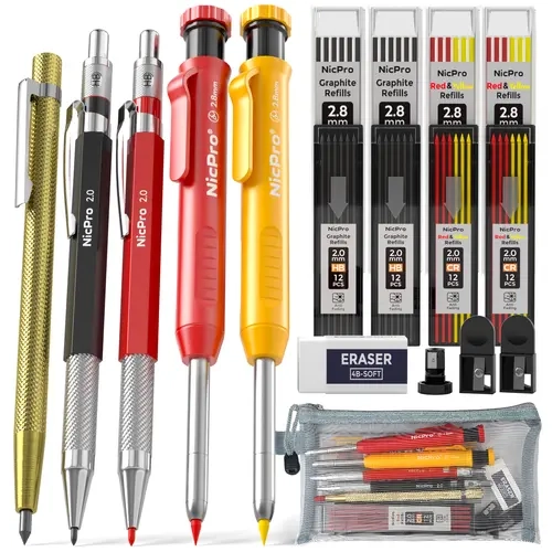 Nicpro 5-Pack Graphite Mechanical Pencils Set - Office Stationery Supplies, Industrial Pencils, Sharpener, 76 Black/Red/Yellow Refills, Carbide Scribe Tool, Deep Hole Marker, Heavy-Duty Case for Architects, Construction