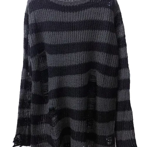 Women's Striped Print Ripped Boat Neck Loose Oversized Sweater, Lady Casual Punk Lightweight Long Sleeve Jumper for Daily Outdoor Wear, Women's Knitwear for Spring & Fall, Fashion, Womenswear, Garment, Knit Sweater Tops