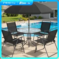 Walsunny 6 Piece Patio Dining Set for 4 with Umbrella, Outdoor Table and Chairs with 4 Folding Dining Chairs & Round Glass Table for Garden, Backyard and Poolside, Black, Gray, Silver, Blue