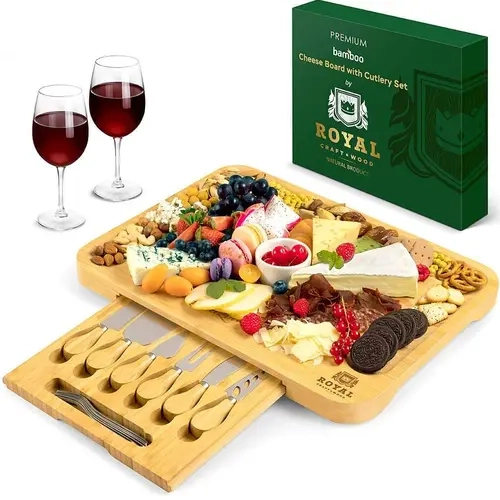 Royal Craft Wood Charcuterie Board – Bamboo Cheese Board & Wooden Serving Platter with Cutlery Set, Charcuterie Tray for Entertaining & Tableware (17.5”x13”)