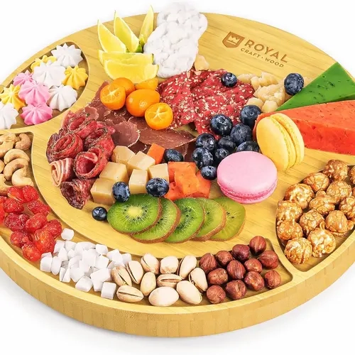 Royal Craft Wood Premium Cheese Platter Board - Large Round Wooden Bamboo Cheese Charcuterie Board Set, Serving Tray with Cutlery Set, Cheese Board