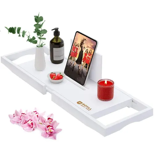 Royal Craft Wood Bathtub Tray Caddy, Luxury Adjustable Bamboo Tub Accessory, Bath Rack with cup Slot Holder, Phone/Tablet Holder, and Soap Holder