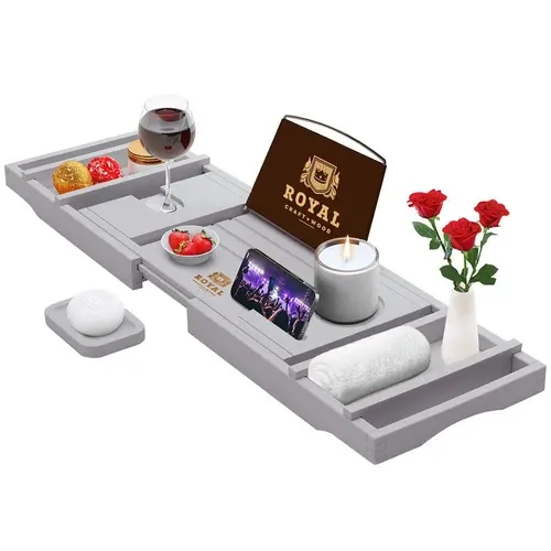 Bathtub Caddy Tray with Free Soap Dish, Luxury Wooden Bamboo Bath Tray with Extending Sides, Silicone Grips, Bathroom Accessories - Royal Craft Wood