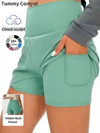 Cloud‑sculpt Shorts Women's 2 In 1 Pocket High Waist Sports Shorts, Casual Comfy High Stretch Yoga Bottoms For Gym Workout Running, Summer Clothes Women, Ladies Summer Sportswear, Fitness Yoga Shorts, Athleisure Gym Shorts
