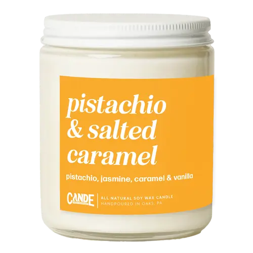 Pistachio & Salted Caramel Candle - All-Natural Soy Wax, 8 oz (35+ hr) or 16 oz (55+ hr) Jar; Pistachio, Jasmine & Vanilla Scent for Bathrooms, Nightstands, Gift-Ready Cozy Home Decor