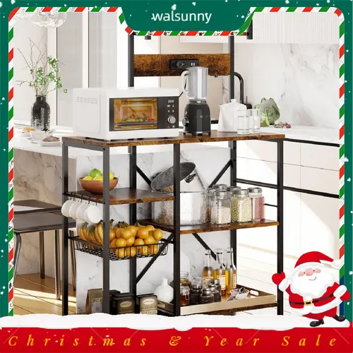 Walsunny 23.6" Standing Bakers Rack Shelf with Power Outlet, Kitchen Organizers and Storage with 6 Hooks, Coffee Station Cabinet, Steel-Retro, Grey