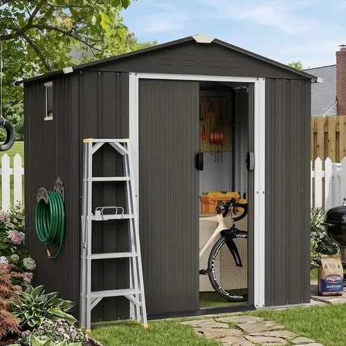 Walsunny Steel Garden Shed, Outdoor Storage Tool with Window Durable Shed with Gabled Roof & Slant Roof for Outdoor Use, Thick Steel Plates & Lockable Door