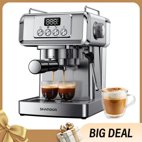SHARDOR Espresso Machine 20 Bar with Milk Frother Steam Wand, Professional Latte & Cappuccino Maker for Home, 60 Oz Water Tank, Temperature Display, Stainless Steel, 1350W Coffee Making Machine Single Cup Brew Removable Tank coffee bar station