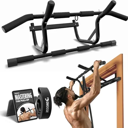 DMoose Fitness Adjustable Door Mount Pull Up Bar - Sturdy Home Workout Equipment, 250 Lbs Capacity, No Screwing, Slip-Free Rubber Grips, Multi-Padded Multi-Grip Handles, Upper Body Strength Training, Installation Guide Included