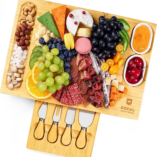 Royal Craft Wood Charcuterie Board with Knives - Cheese Platter & Serving Tray, Cheese Board Set, Wooden Bamboo Tableware with Cutlery