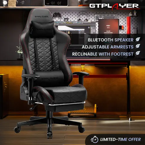 GTPLAYER Durable PU Leather Rolling Gaming Chair - Modern High-Back Ergonomic Office Desk Chair with Bluetooth Speakers, Lumbar Support, Adjustable Height, Footrest, Armrest, Back Strain Relief, 330lb Load Capacity, Fire Safety Label, Assembly Required