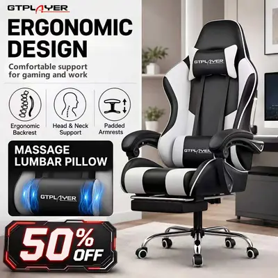 GTPLAYER PU Leather Computer Gaming & Office Chair - Ergonomic 360° Swivel Furniture with Padded Arms, Footrest, Lumbar Support, Headrest, Height Adjustment (Pearl White), Computer Gaming Chair