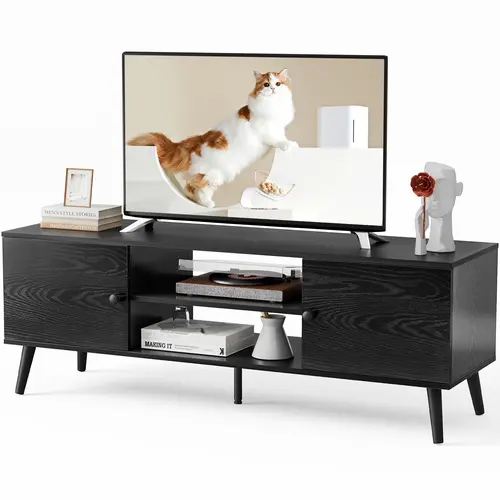 【Deal】SweetFurniture Sturdy Mid-Century Freestanding TV Stand - Apartment Furniture, Aesthetic Room Decor, 55-60 in TV Fit, 2 Storage Cabinets, 3-level Shelf, Cable Holes, Floor-Safe Foot Pads, Wood Multimedia Centre, Assembly Required