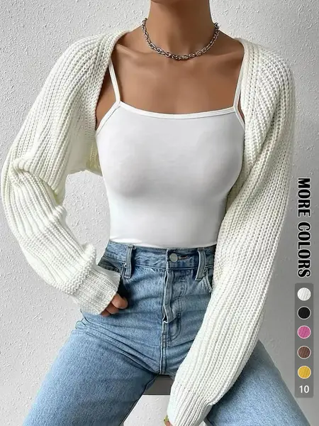 Women's Solid Raglan Sleeve Crop Cardigan Without Camisole, Casual Long Sleeve Knitting Knitwear for Spring & Fall, Women's Clothing for Daily Wear Everyday