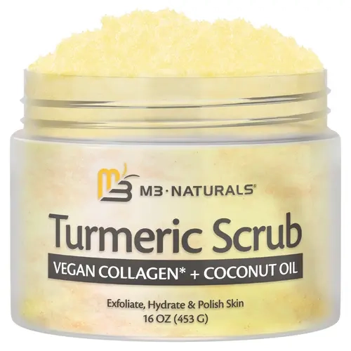M3 Naturals Turmeric Body Scrub with Collagen, Coconut Oil, Lemon, Sugar, Retinol Blend, Shea - Gentle Body Care Exfoliate Cleanser for Sensitive, Dry, Normal Adults - 16oz Acne Treatment Formula for Face, Feet - Hydrating, Detox, Smooth Lemon Tang
