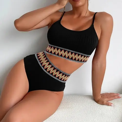 Two-Piece Set Women's Sexy Textured Contrast Chevron Tape Swimsuit Set, Summer Clothes Women, Ribbed Bikini Top & High Waisted Swimwear, Textured Bikini Sets, Summer Outfits 2024, Summer Swimsuits, Women's Swimsuit for Beach Vacation Holiday